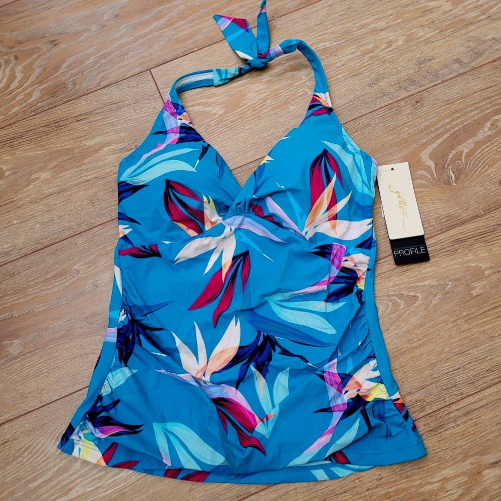 111. Profile by Gottex Underwire Tankini Top. Light blue tropical. Size 12. NWT